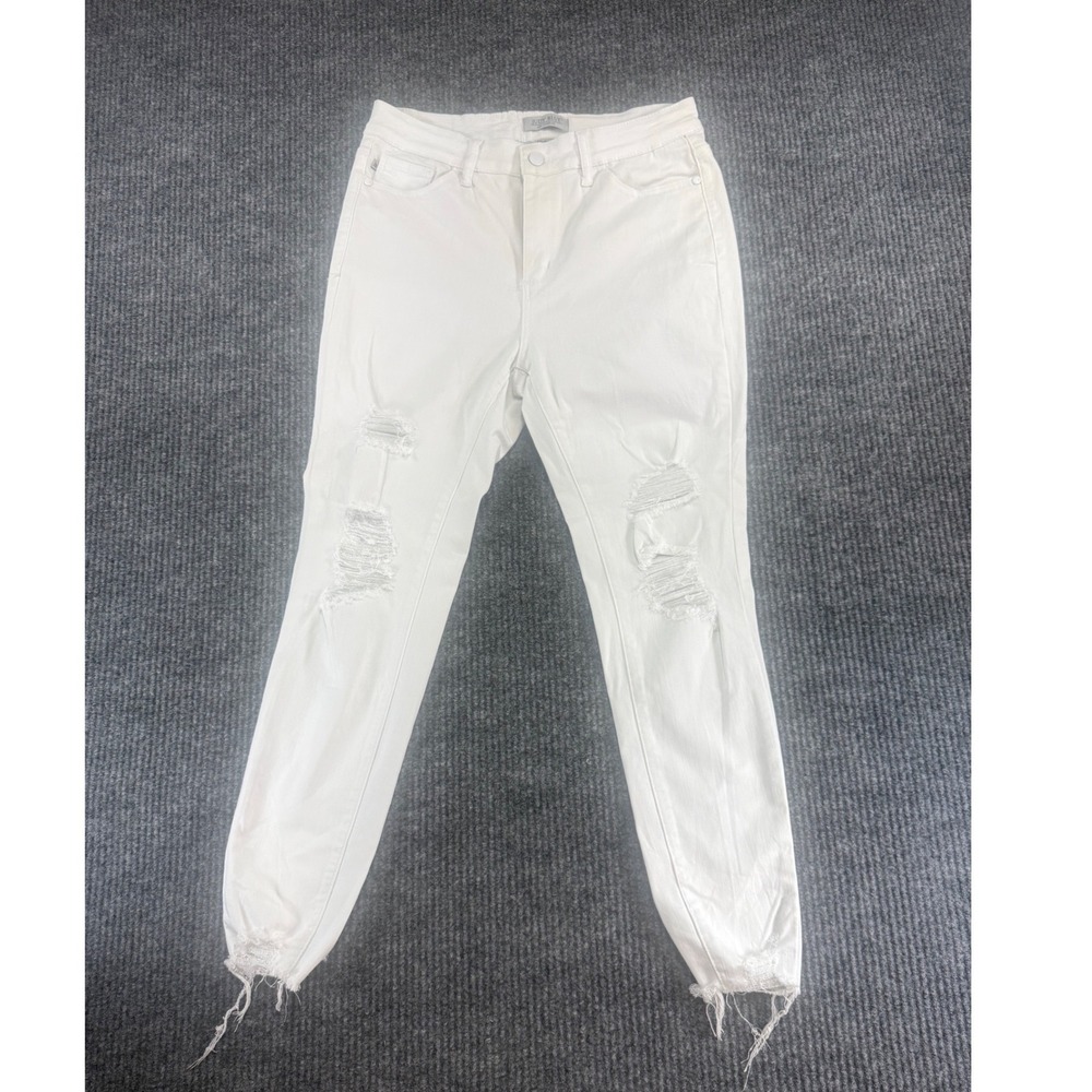 Judy Blue White Distressed Skinny Fit Jeans Frayed Hem Size 11/30 High Rise